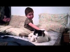 Toddler James tickles the cat